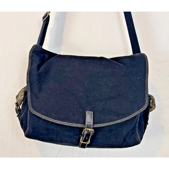 Fossil Black Canvas Messenger Bag Leather Trim Y2K Large - Picture 1 of 7